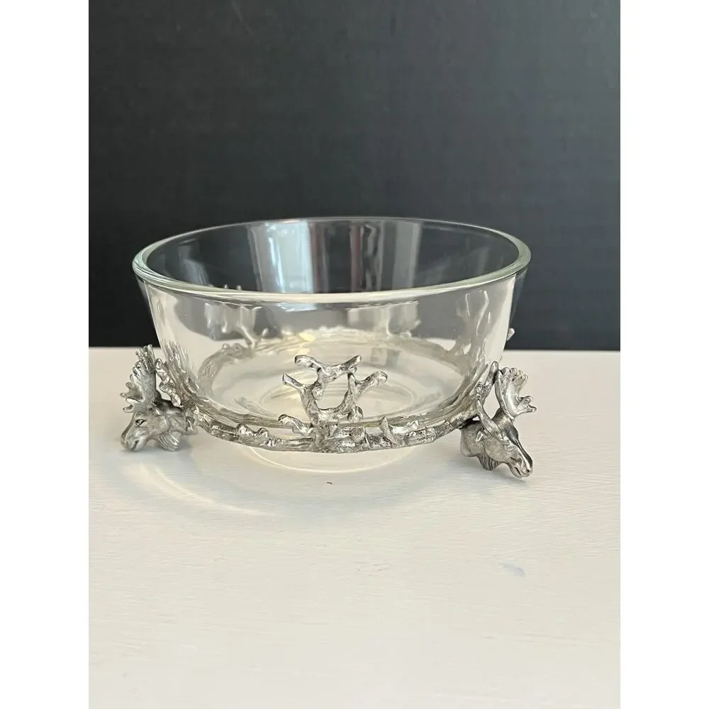 Stag Head Pewter Glass Bowl Cocktail Pick Holder & Picks 3pc Set Condiment Lodge